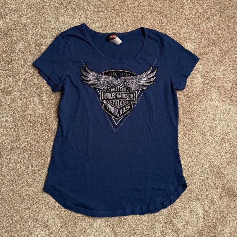 BLUE HARLEY DAVIDSON OPEN NECK GRAPHIC TEE